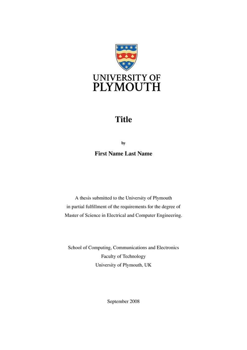 MSc thesis coversheet template for the University of Plymouth with the new University logo