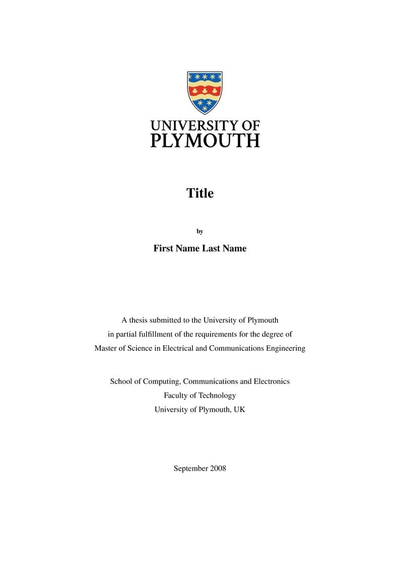 MSc thesis coversheet and declaration form template for the University of Plymouth with the new University logo