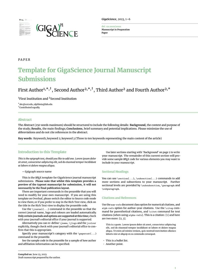 Template for GigaScience Journal Manuscript Submissions