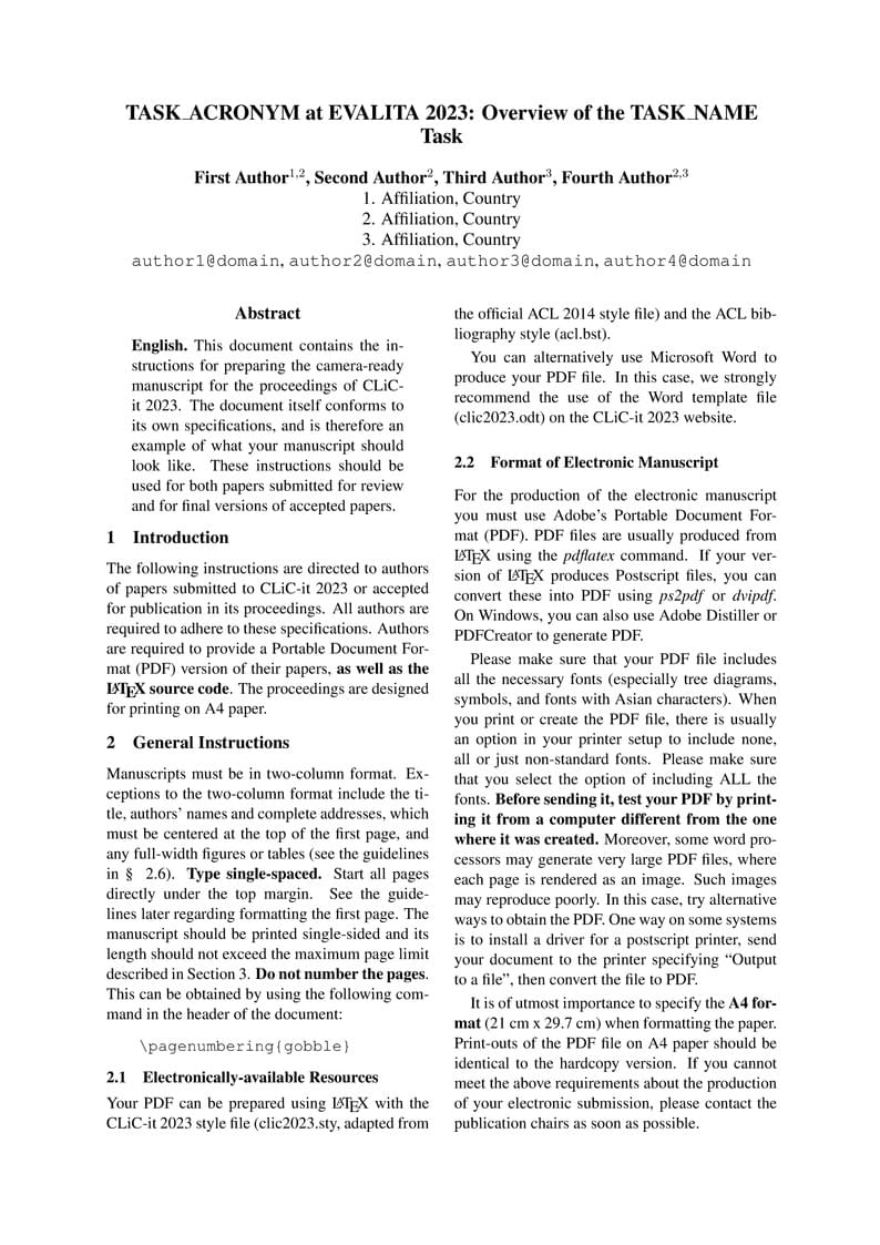 EVALITA 2023 Template Technical Reports