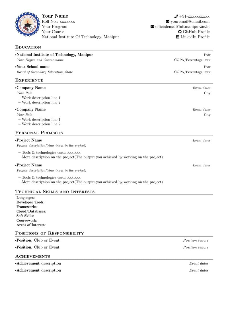 Nit Manipur CV Template
