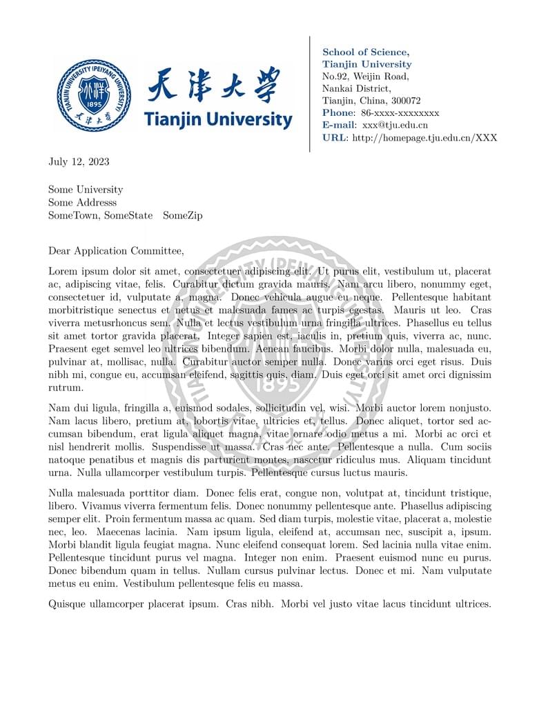 TJU Letter of Recommendation Template