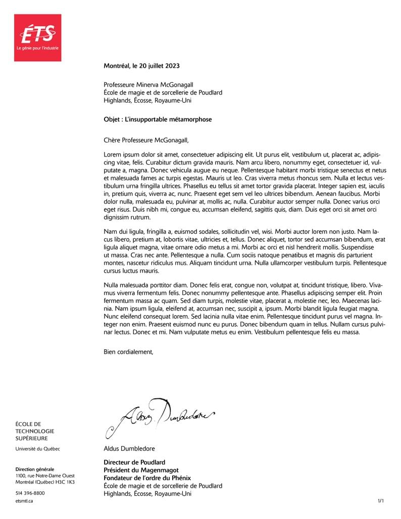 École de technologie supérieure (ETS) letter