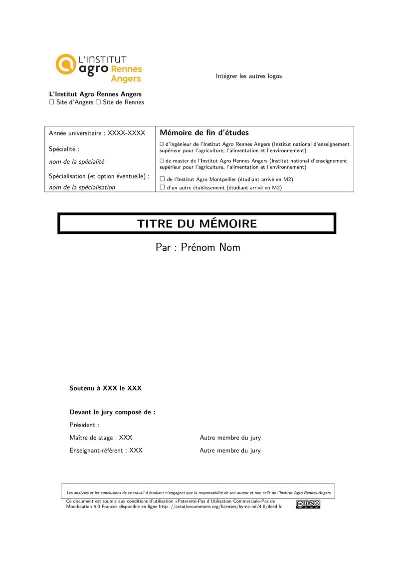 Page de garde mémoire Institut Agro