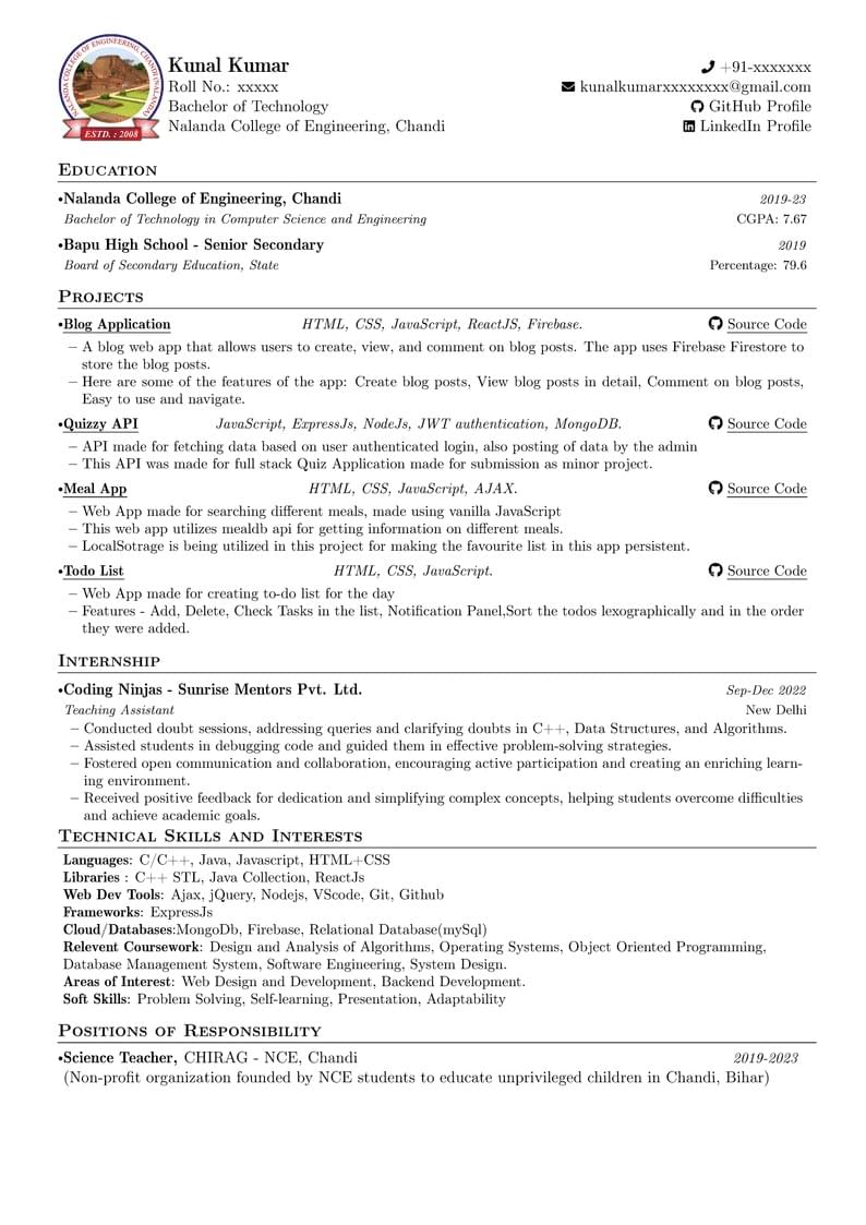 Bihar Engineering<->NCE CHANDI Resume Template