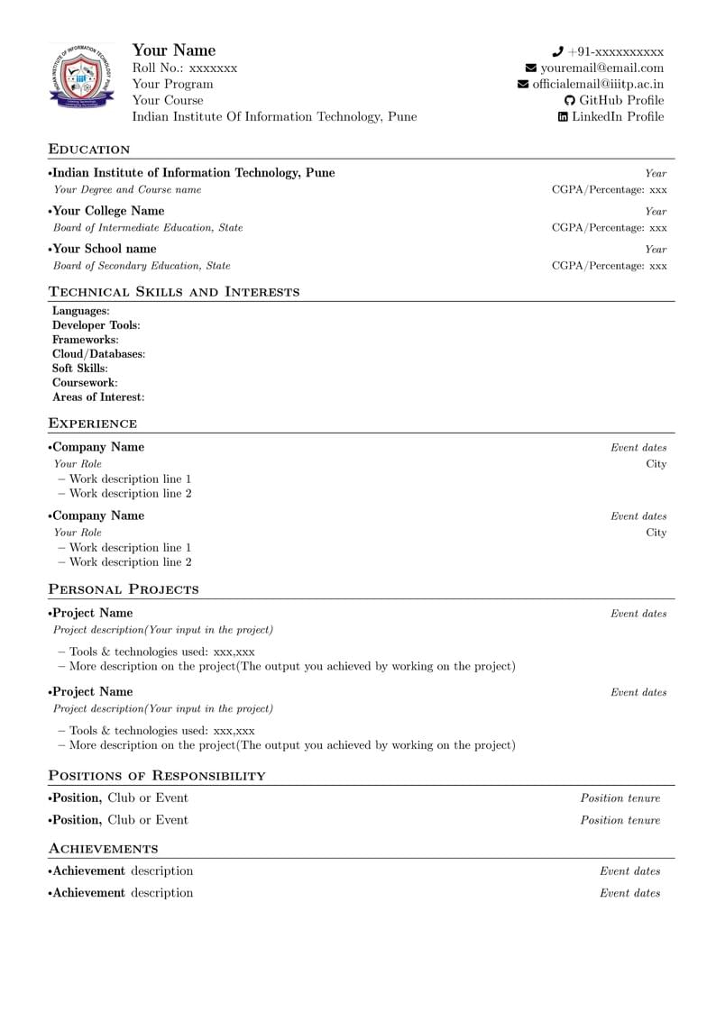 IIIT Pune Resume Template