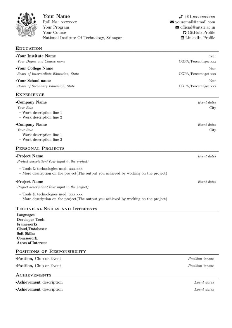 NIT SRINAGAR RESUME TEMPLATE