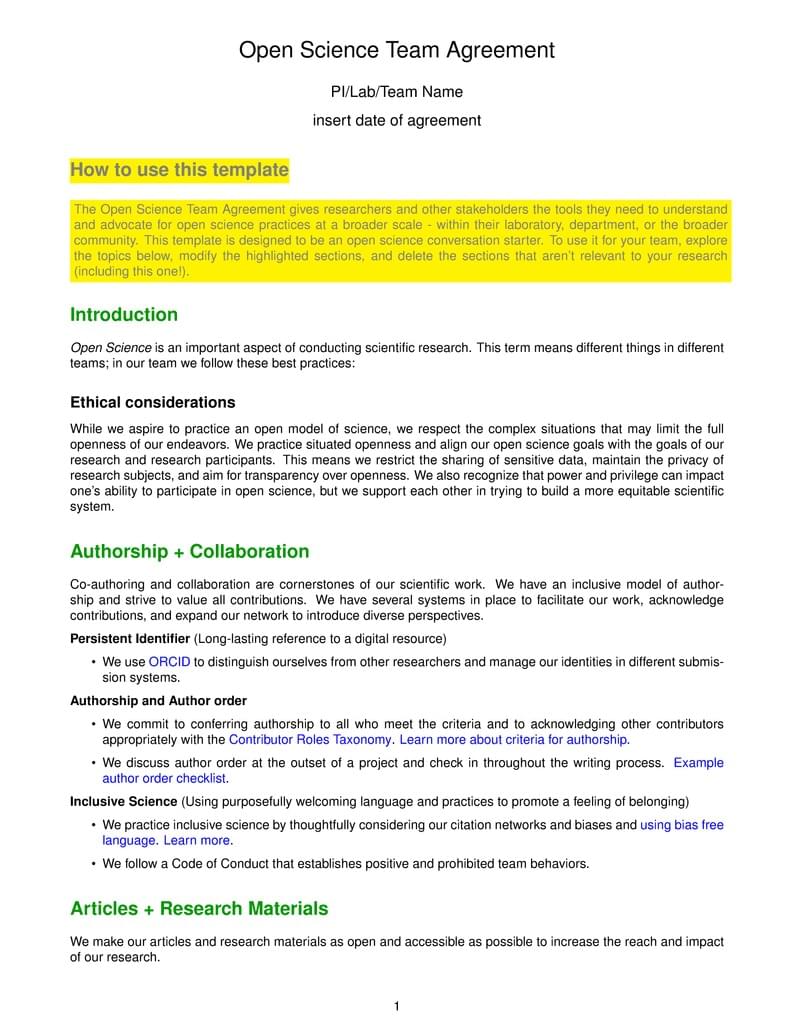 Open Science Team Agreement