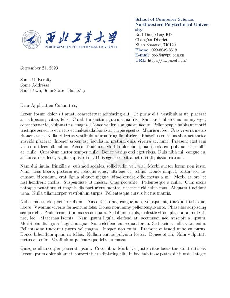 NWPU Recommendation Letter Template