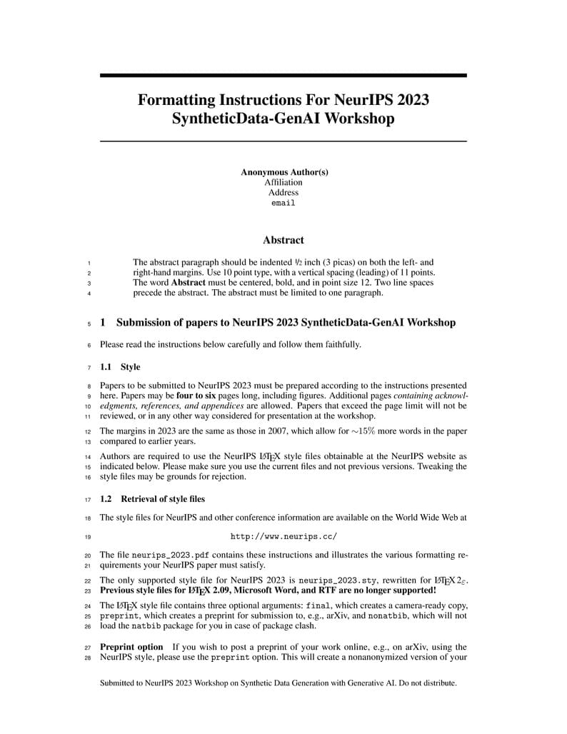 Template for NeurIPS 2023 Workshop on Synthetic Data Generation with Generative AI