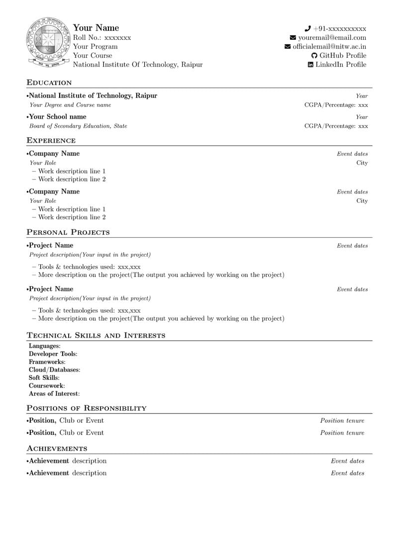 NIT Raipur Resume Template