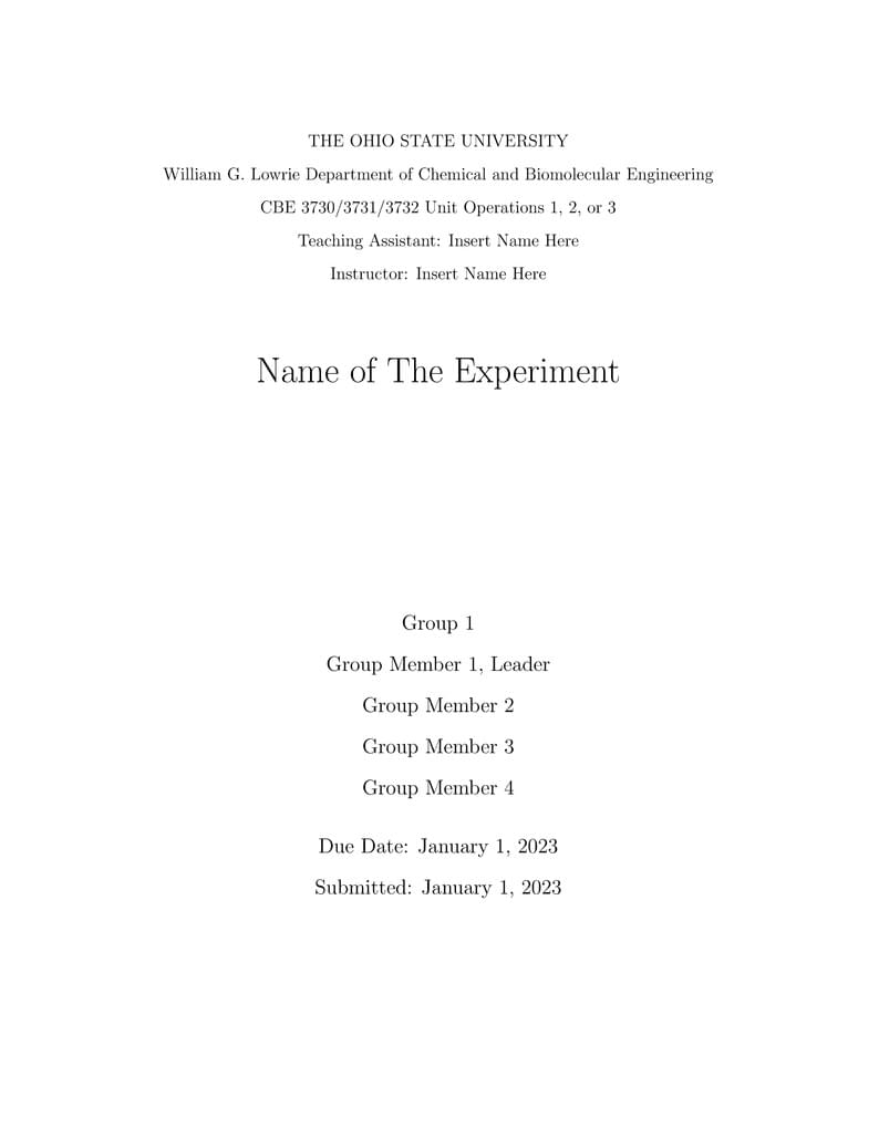 Ohio State Chemical Engineering Unit Operations Lab Report Template