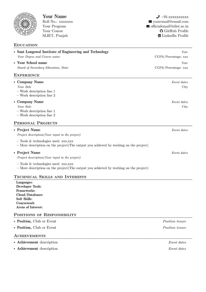 SLIET Punjab Resume Template