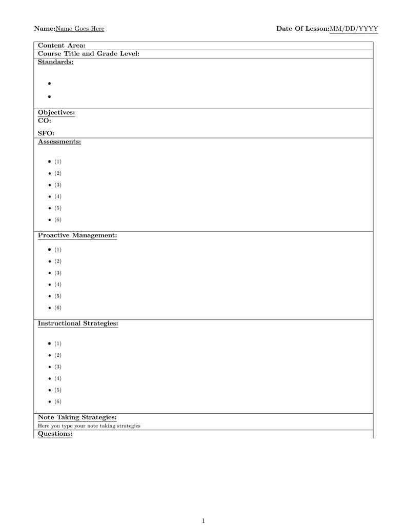 UNO Lesson Plan Template