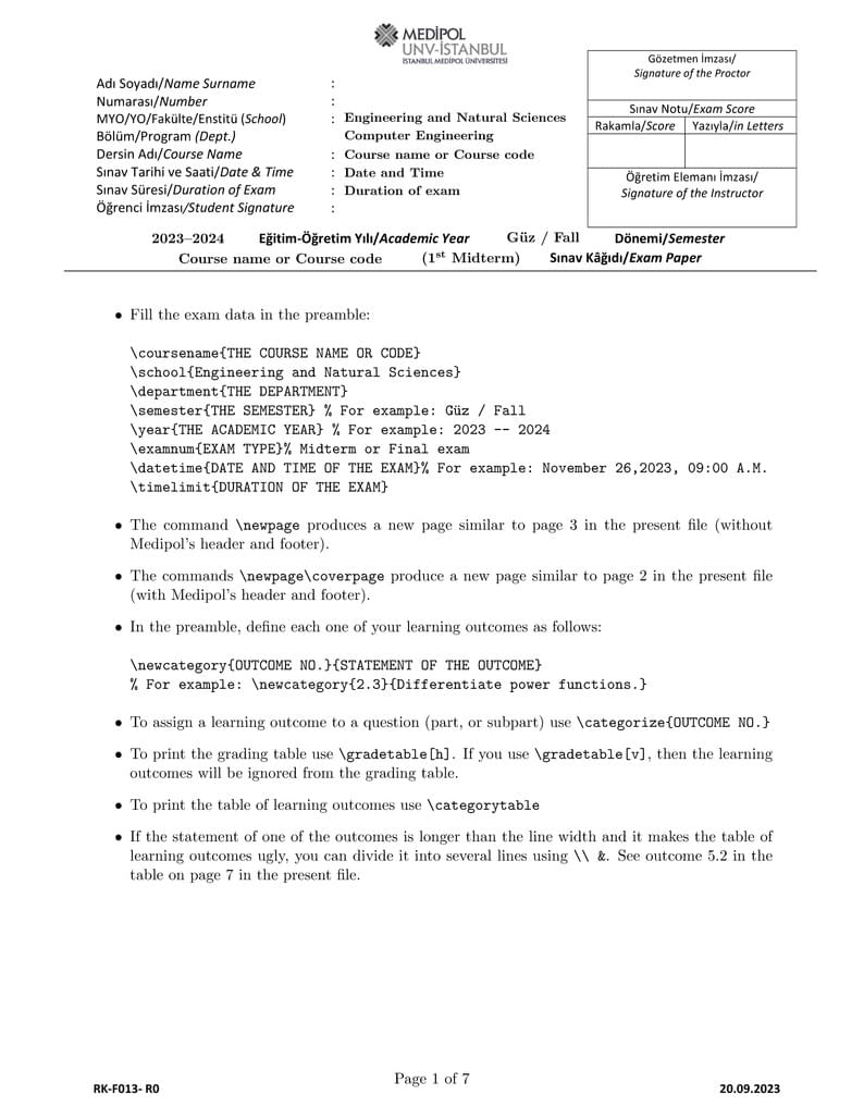 Medipol University Exam Template