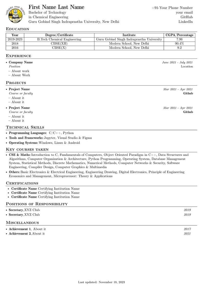 GGSIPU CV Template