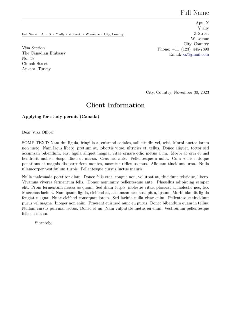 CANADA client information and funding letter for Study Permit VISA