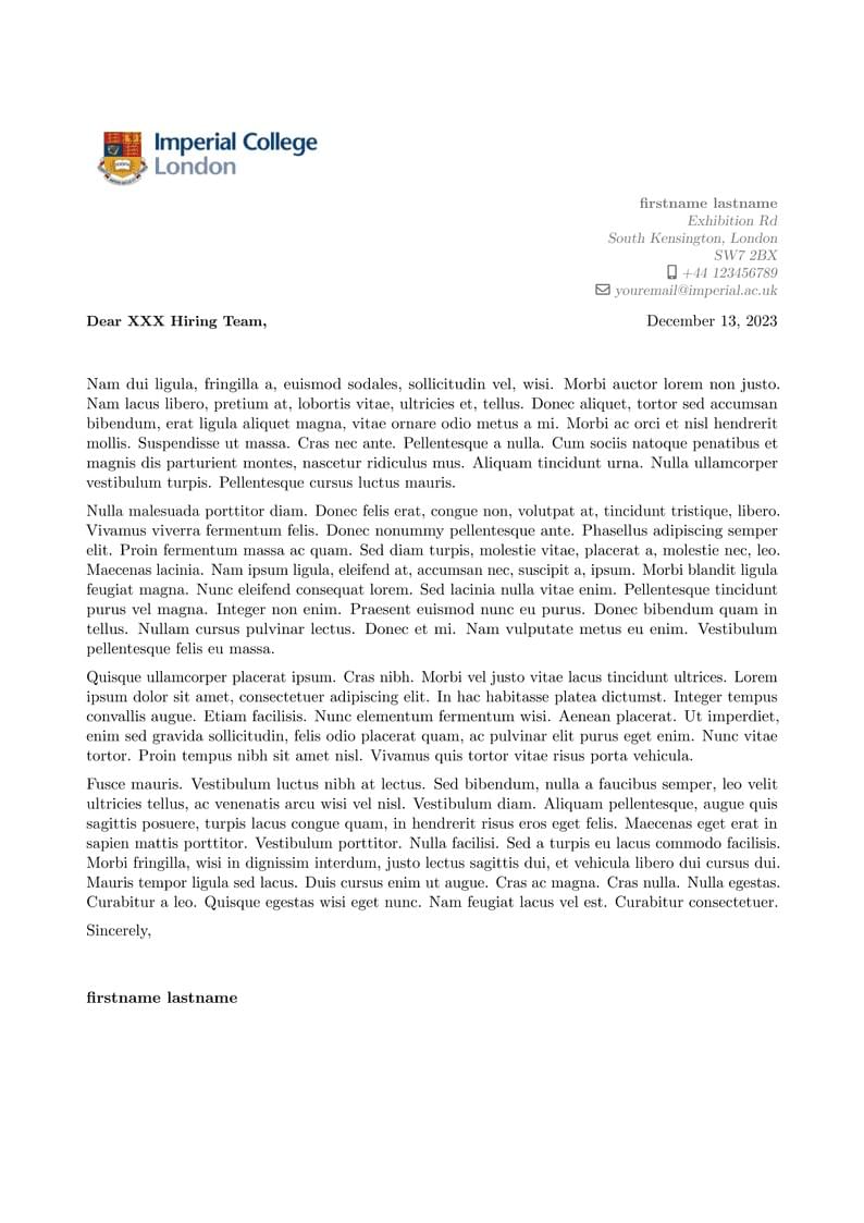 Imperial College London Cover Letter Template