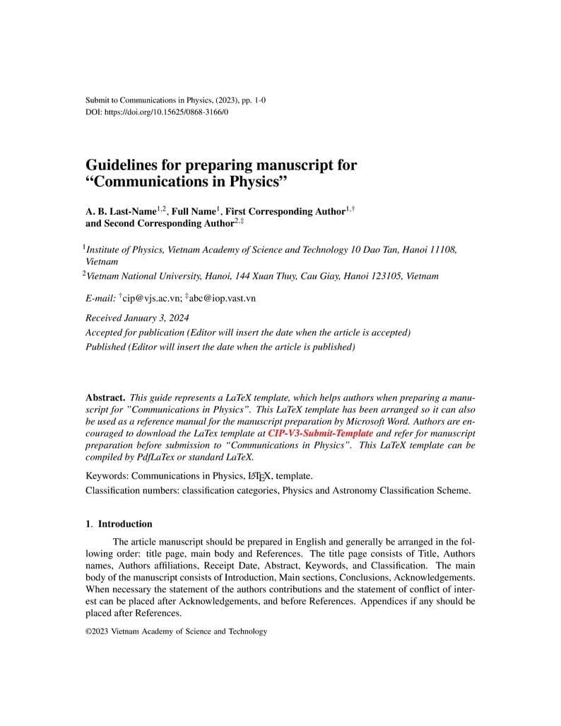 Template for CiP (Communications in Physics) journal
