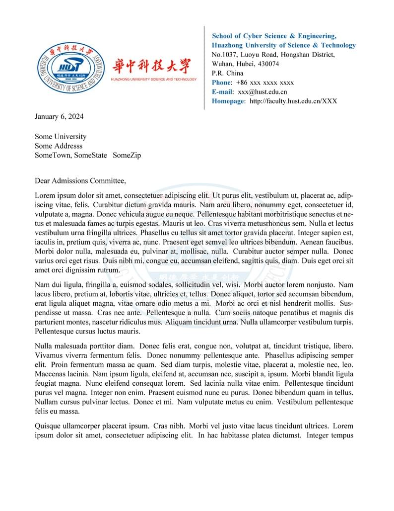 HUST Recommendation Letter Template