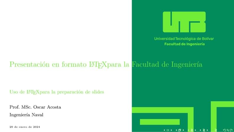 Universidad Tecnológica de Bolívar - Presentación en formato LaTeX para la Facultad de Ingeniería - Verde Complementario