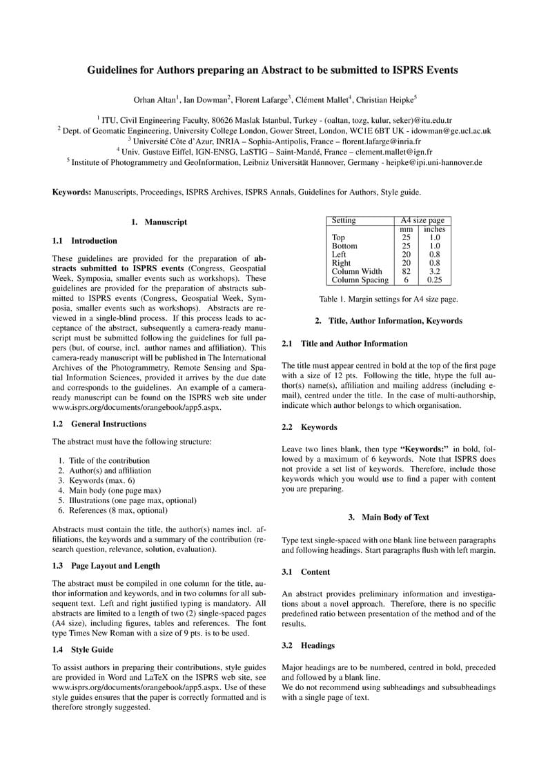 Guidelines for Authors preparing an Abstract to be submitted to ISPRS Events