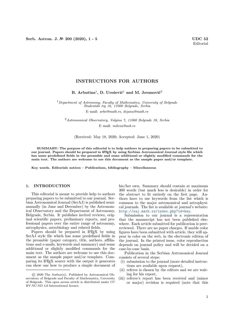 INSTRUCTIONS FOR AUTHORS - Serbian Astronomical Journal