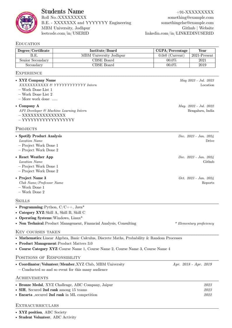 MBM University CV Template