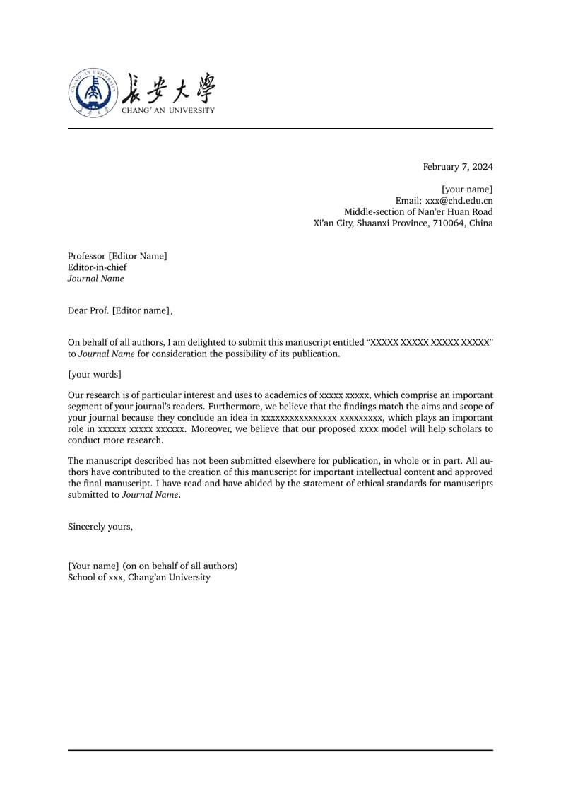 Cover Letter Template for Chang'an University