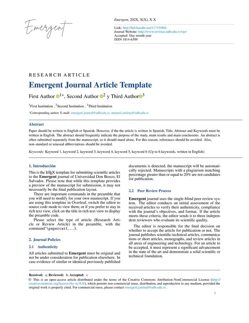 Emergent Journal Template, Universidad Don Bosco, El Salvador