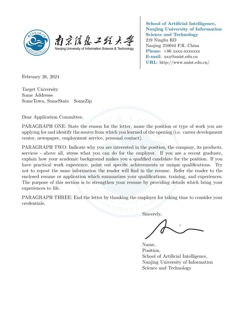NUIST Recommendation Letter Template