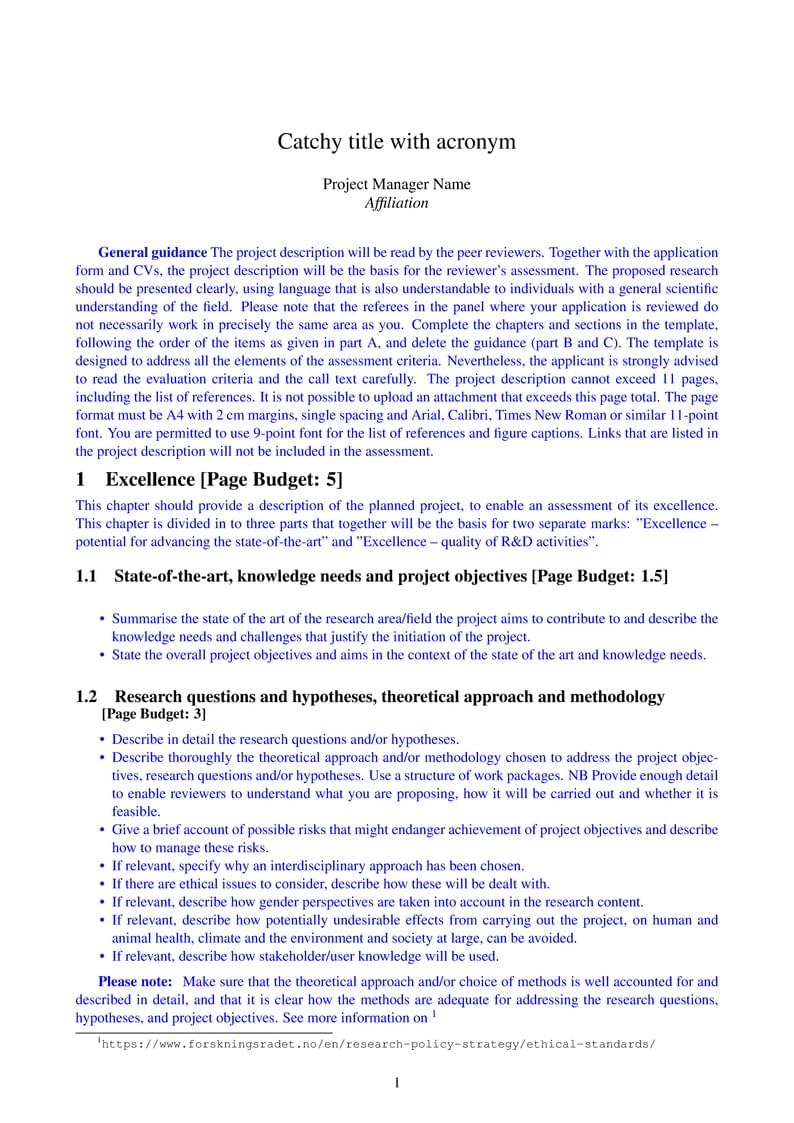 Norwegian Research Council FRIPRO grant proposal template