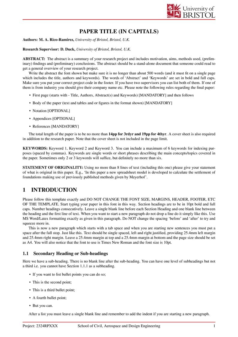 Research Paper Template, School of Civil, Aerospace and Design Engineering, University of Bristol