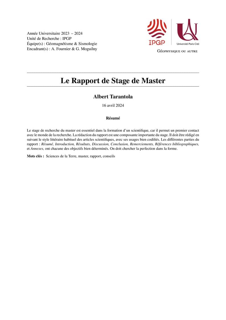 Rapport de Stage de Master IPGP