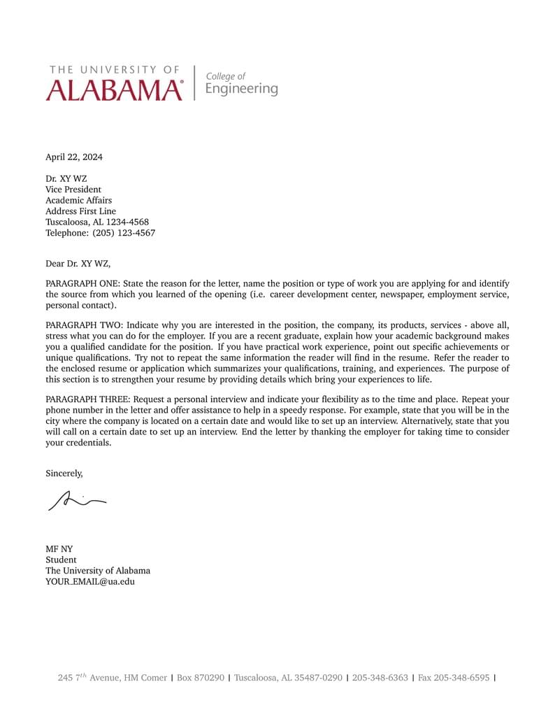The University of Alabama Letter