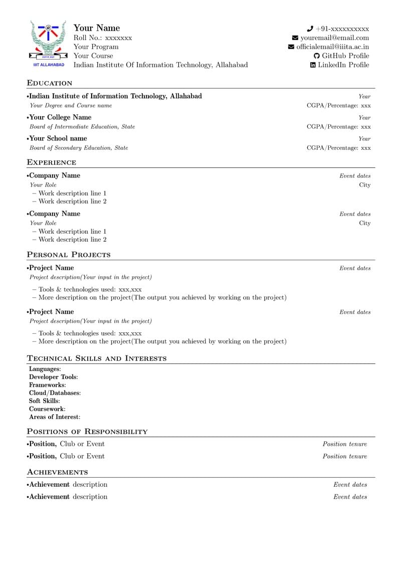 IIIT Allahabad Resume Template