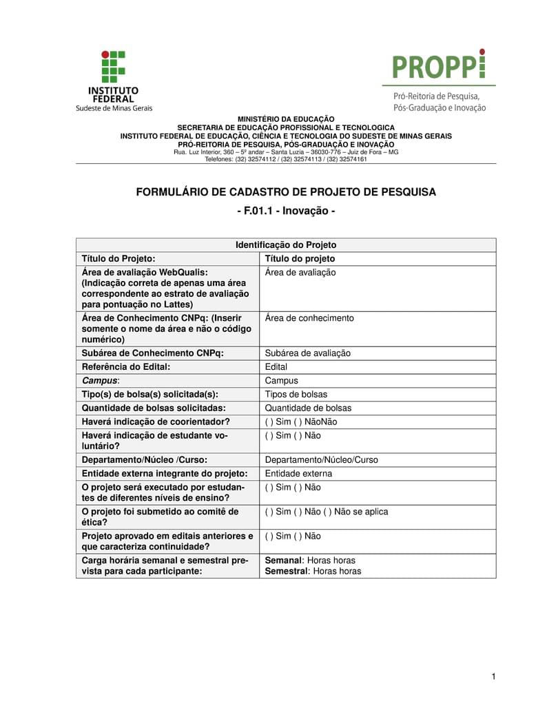 F-01.1 - Cadastro de Projeto de Pesquisa - Inovação (IF Sudeste MG)