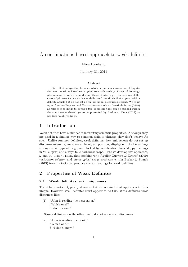 A continuations-based approach to weak definites