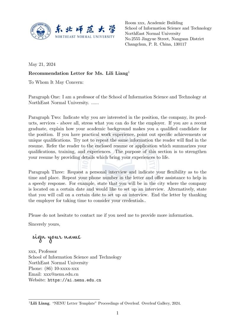 NENU Letter Template