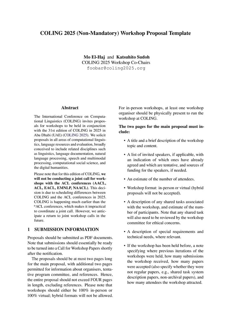 COLING 2025 Workshop Proposal Template (updated deadline)