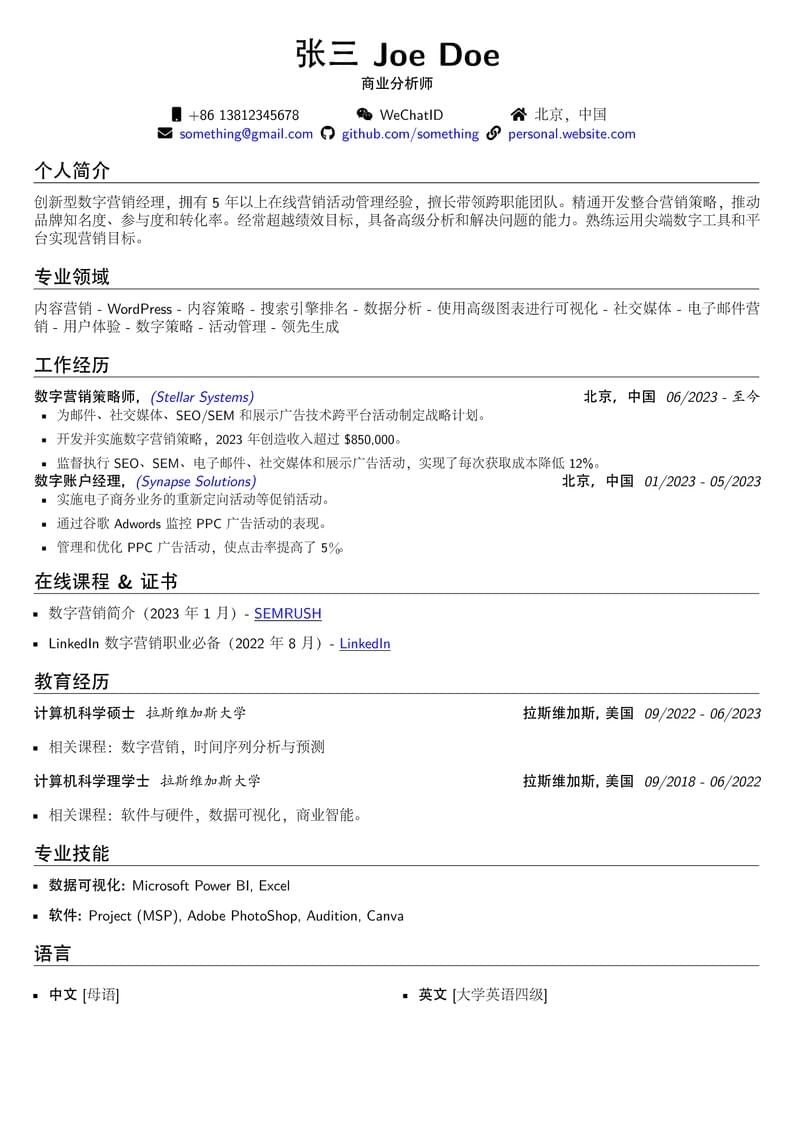 Bilingual Resume Template 中英双语简历标准模板