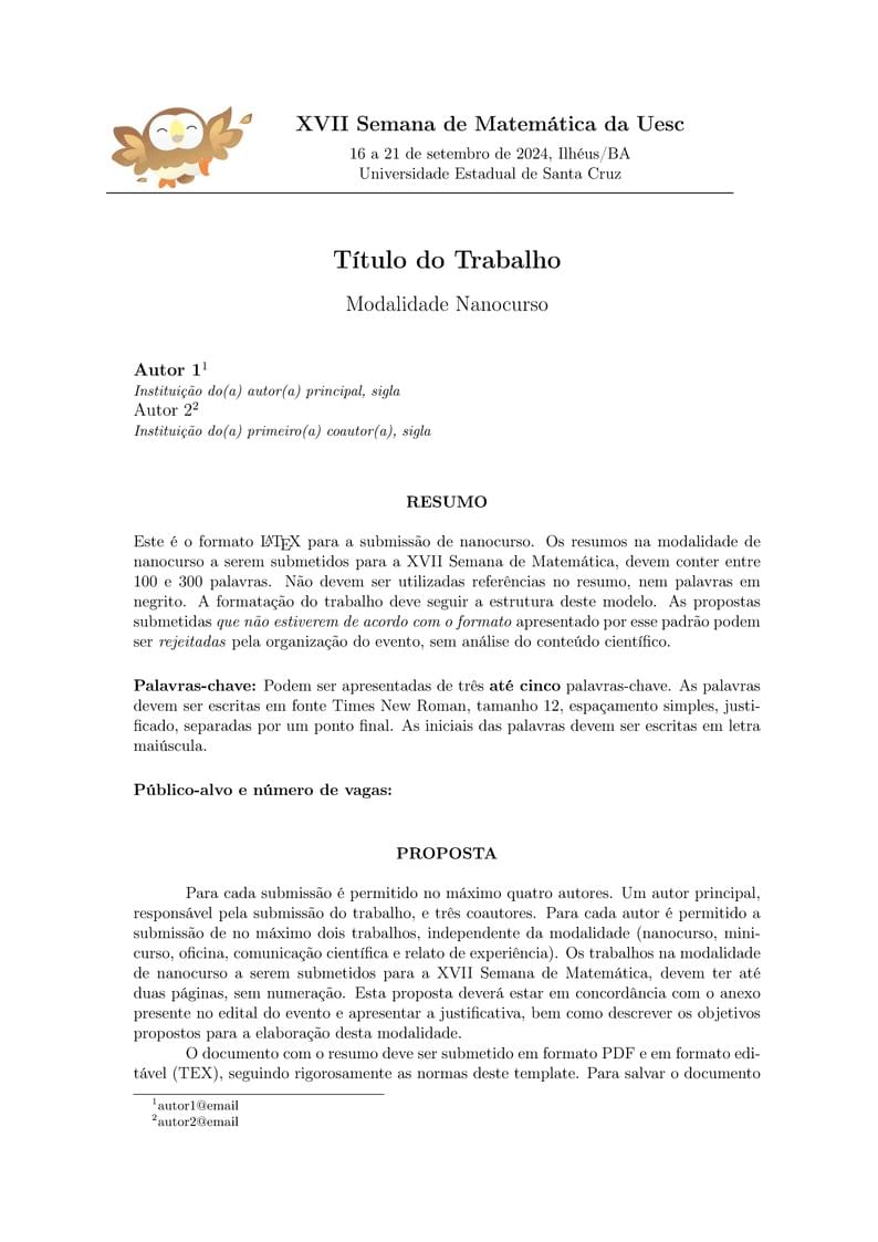 Modelo para Submissão - Nanocurso XVII Semat
