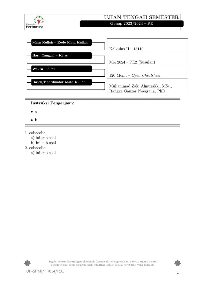 Template soal ujian Universitas Pertamina