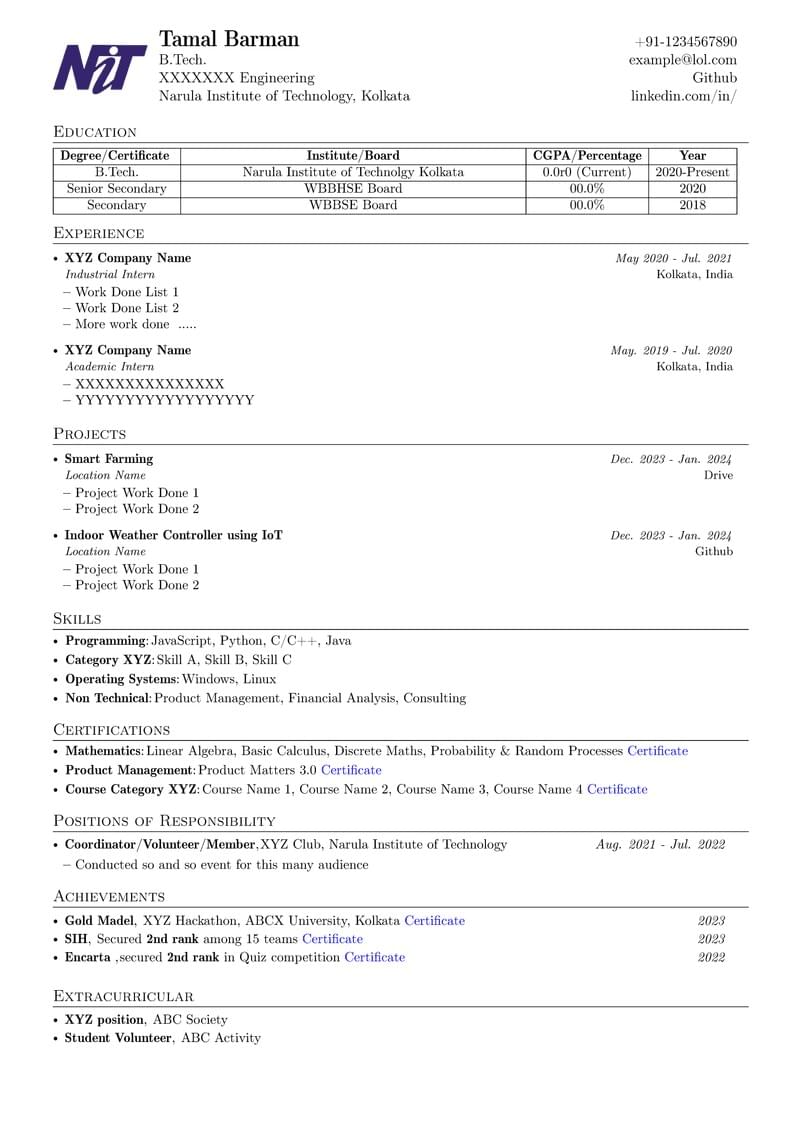 Narula Institute of Technology Resume