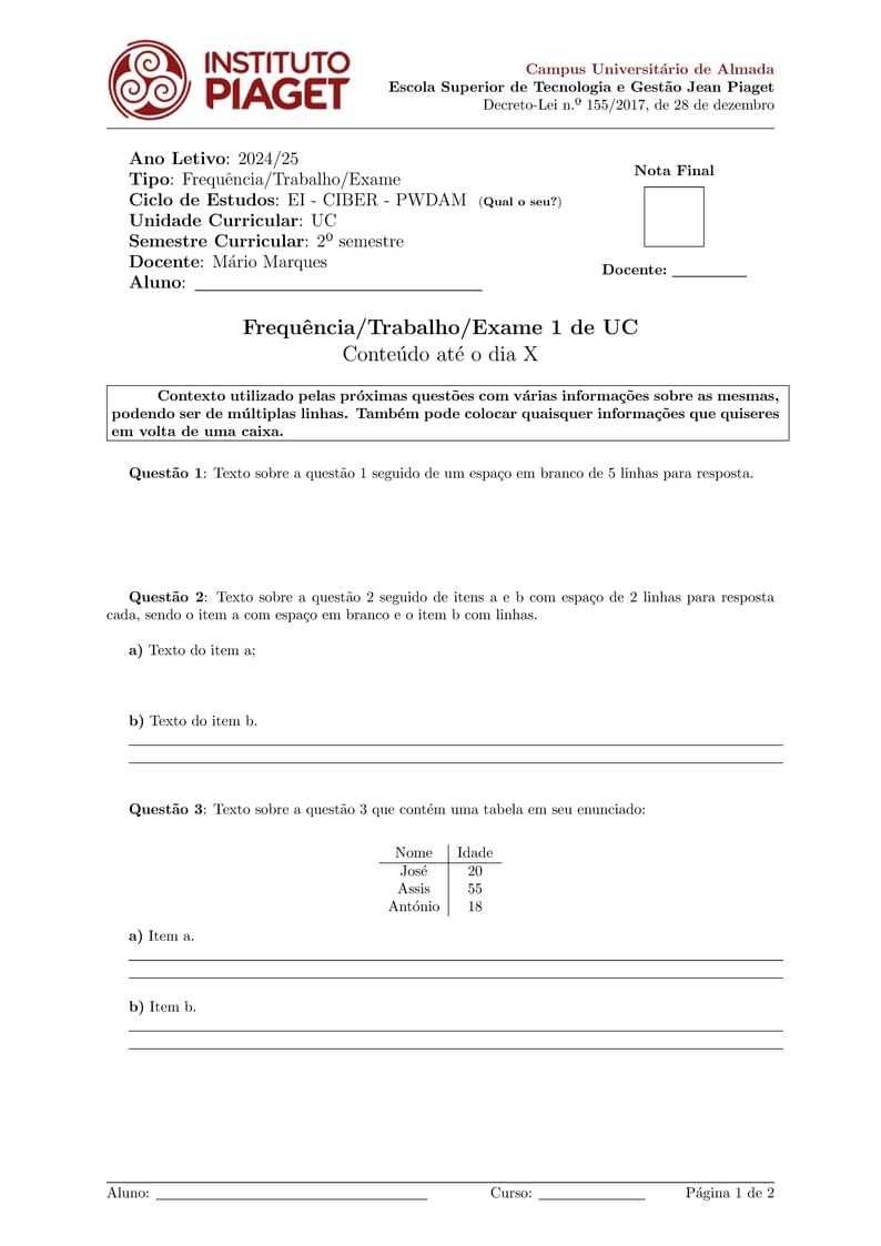 Piaget Exams Template