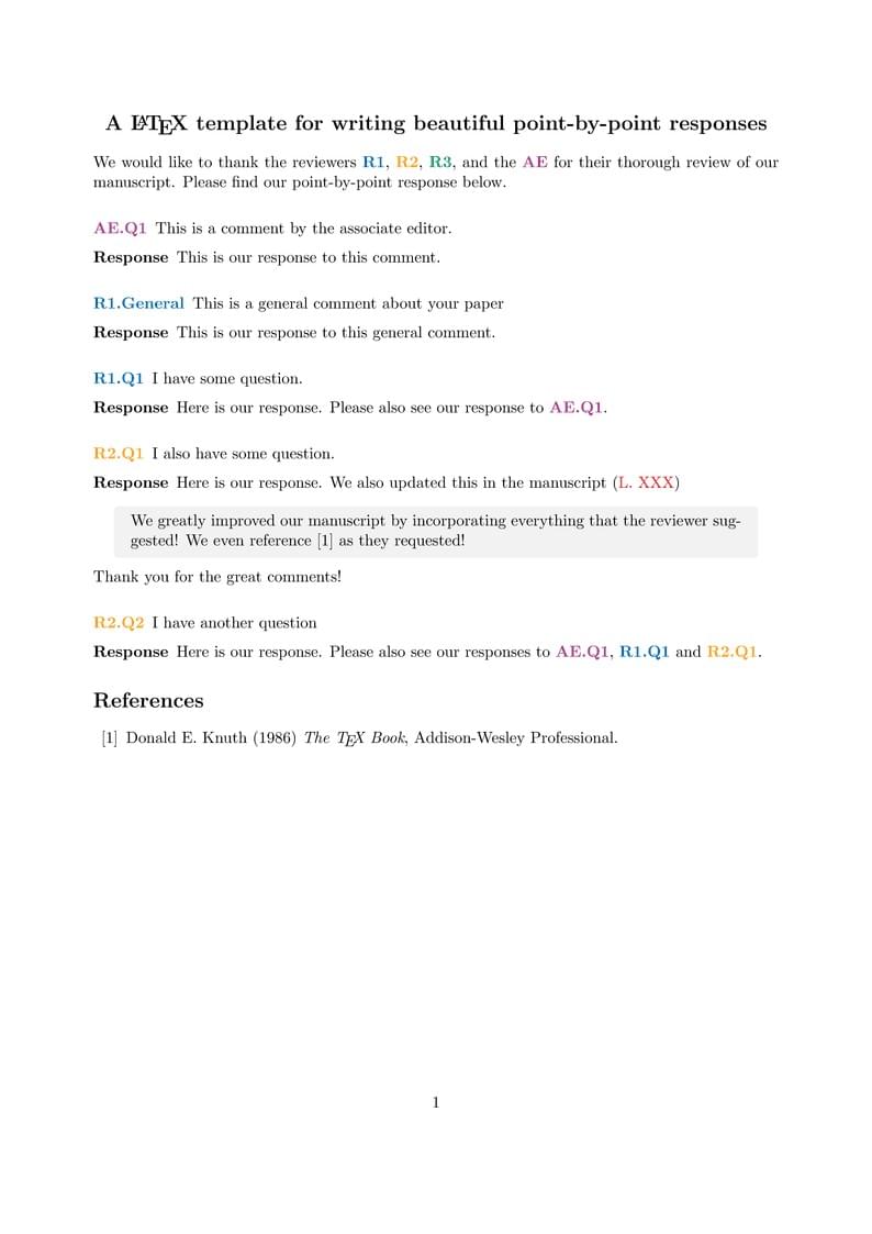 A LaTeX template for writing beautiful point-by-point responses