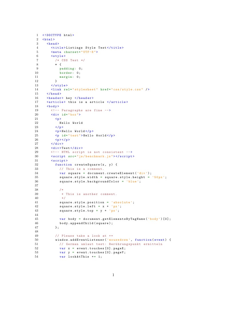 Listings Code Style for HTML5 (CSS, HTML, JavaScript)