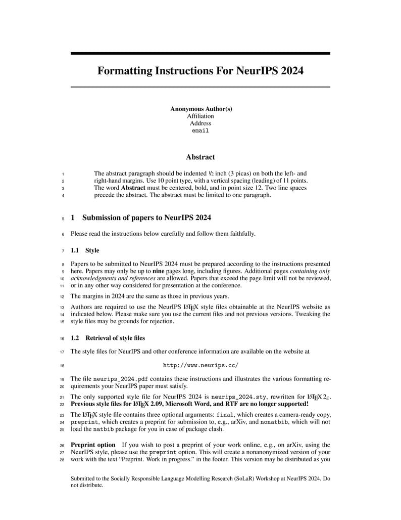 Socially Responsible Language Modelling Research (SoLaR) at NeurIPS 2024 template