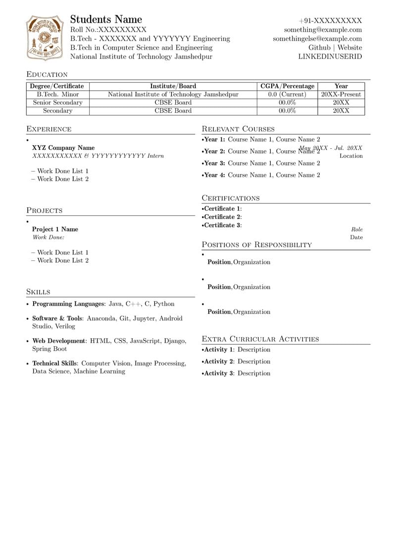 NIT Jamshedpur Résumé