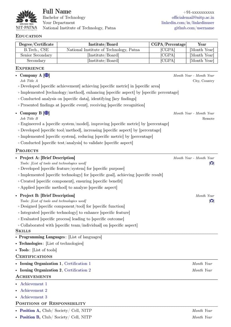 NIT Patna Resume Template v2.1